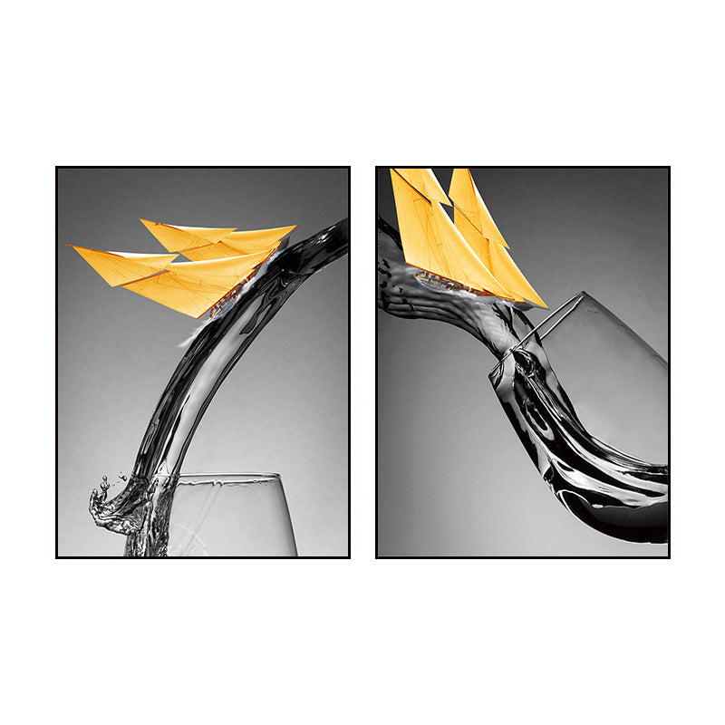 Vivolux | Dunkle Farbige Moderne Leinwand Mischtechnik Papier Boot und Weinglas Wandkunst für Esszimmer