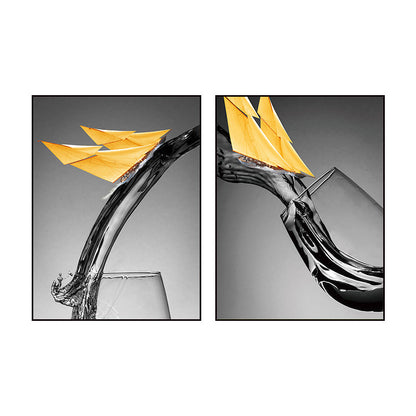 Vivolux | Dunkle Farbige Moderne Leinwand Mischtechnik Papier Boot und Weinglas Wandkunst für Esszimmer