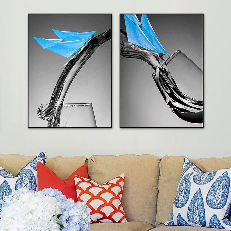 Vivolux | Dunkle Farbige Moderne Leinwand Mischtechnik Papier Boot und Weinglas Wandkunst für Esszimmer