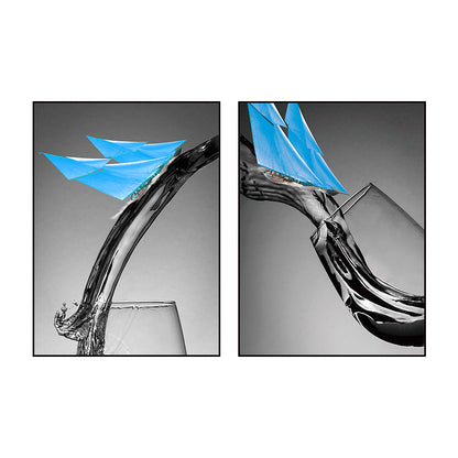 Vivolux | Dunkle Farbige Moderne Leinwand Mischtechnik Papier Boot und Weinglas Wandkunst für Esszimmer