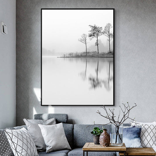 Vivolux | Riverside Landschaft Wandkunst Dekor Vintage Stil Leinwand Texturiertes Gemälde in Grau