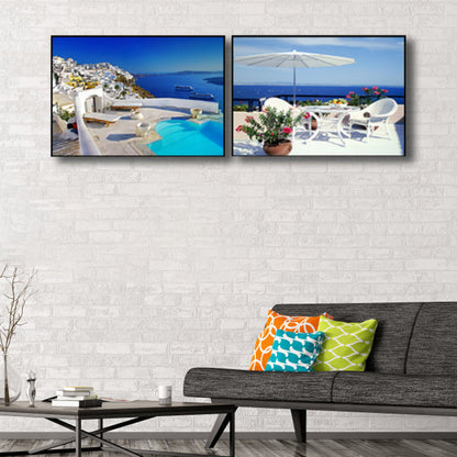 Vivolux | Terrasse mit Meerblick Leinwand Schlafzimmer Foto Seelandschaft Wanddekoration Druck in Blau, Set von 2
