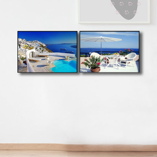 Vivolux | Terrasse mit Meerblick Leinwand Schlafzimmer Foto Seelandschaft Wanddekoration Druck in Blau, Set von 2