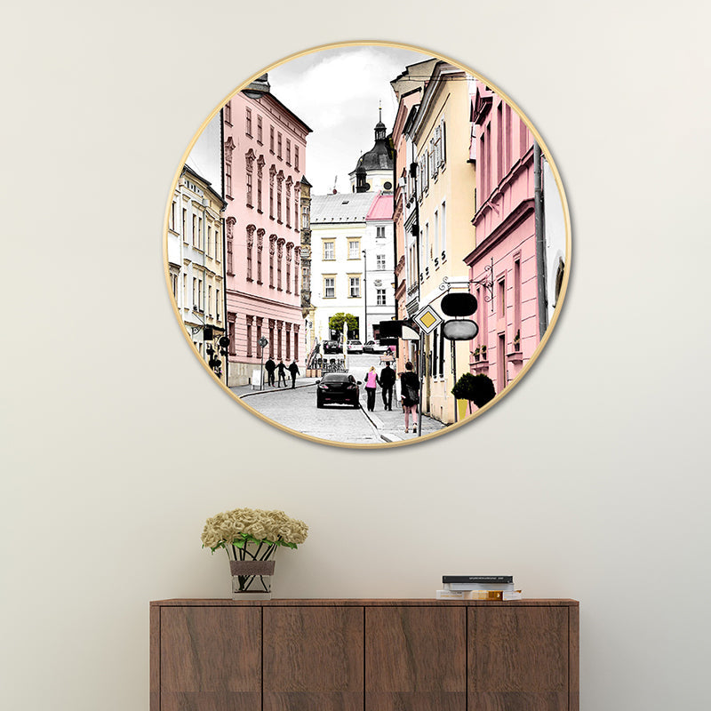 Vivolux | Stadtarchitektur Wandkunst Dekor Moderne Leinwand Texturiertes Gemälde in Pink, Verschiedene Größen