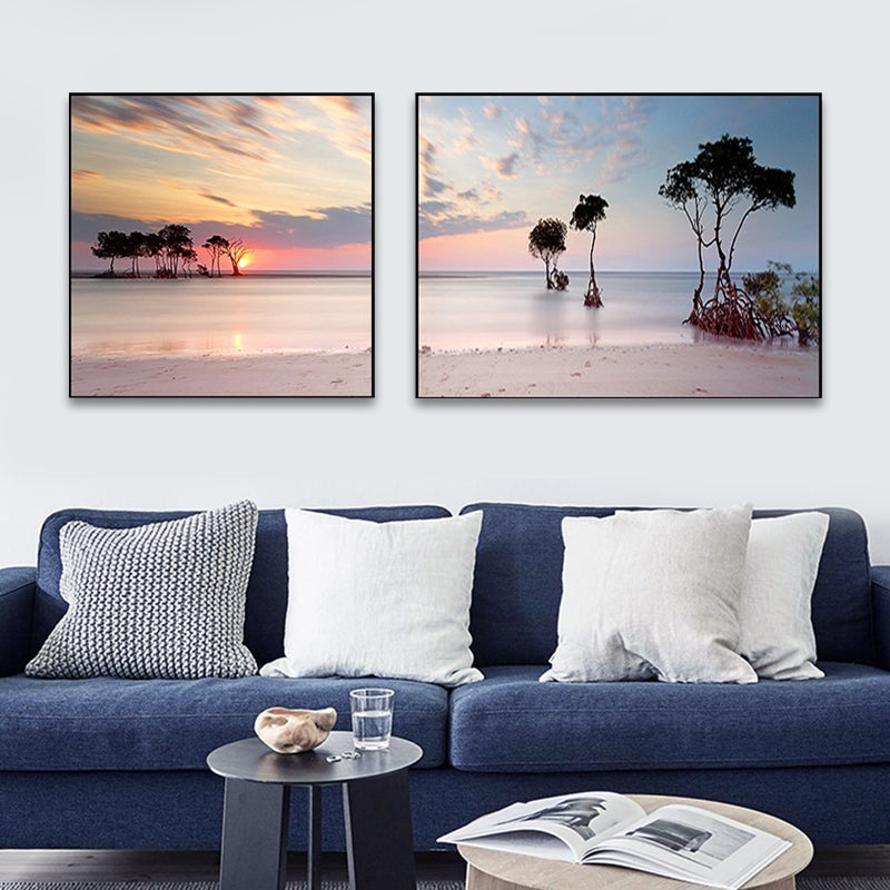 Vivolux | Sonnenuntergang Meer Landschaft Leinwand Kunst Tropische Mehrteilig Wanddeko in Pastellfarbe für Zuhause