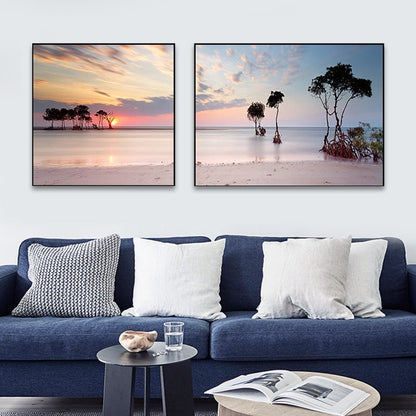 Vivolux | Sonnenuntergang Meer Landschaft Leinwand Kunst Tropische Mehrteilig Wanddeko in Pastellfarbe für Zuhause