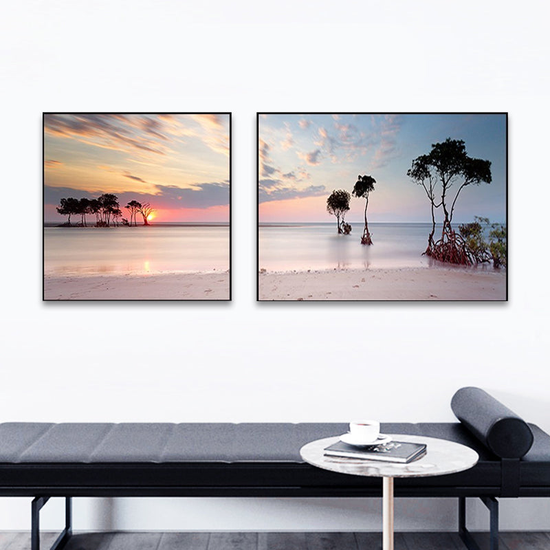 Vivolux | Sonnenuntergang Meer Landschaft Leinwand Kunst Tropische Mehrteilig Wanddeko in Pastellfarbe für Zuhause