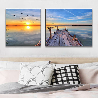 Vivolux | Sonnenuntergang Meer Landschaft Leinwand Kunst Tropische Mehrteilig Wanddeko in Pastellfarbe für Zuhause
