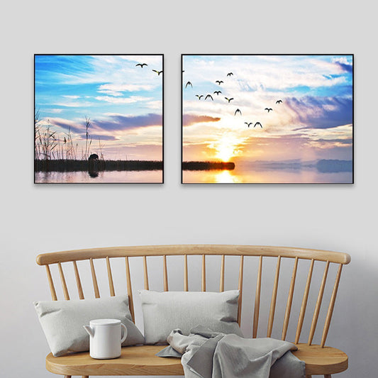 Vivolux | Sonnenuntergang Meer Landschaft Leinwand Kunst Tropische Mehrteilig Wanddeko in Pastellfarbe für Zuhause