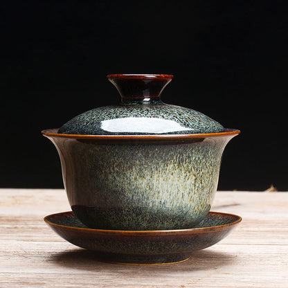 Vivolux | Vintage Kiln Keramik Gaiwan Sancai Teetasse Teetasse und Untertasse mit Deckel