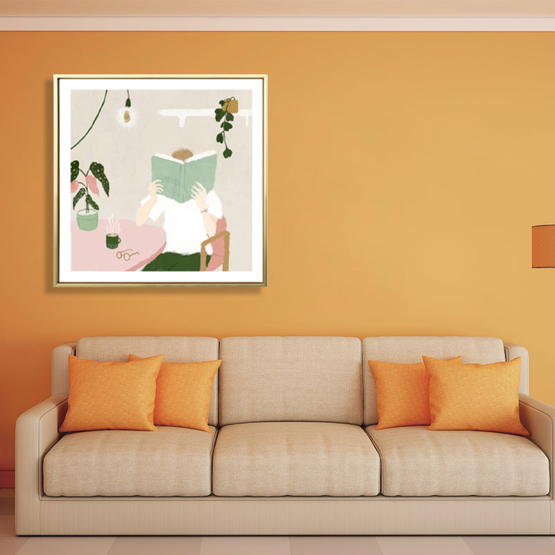 Vivolux | Illustration Junge liest Buch Kunstdruck Grüner nordischer Stil Wanddeko fürs Schlafzimmer