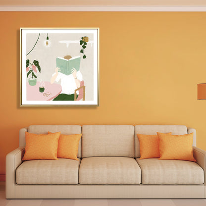 Vivolux | Illustration Junge liest Buch Kunstdruck Grüner nordischer Stil Wanddeko fürs Schlafzimmer