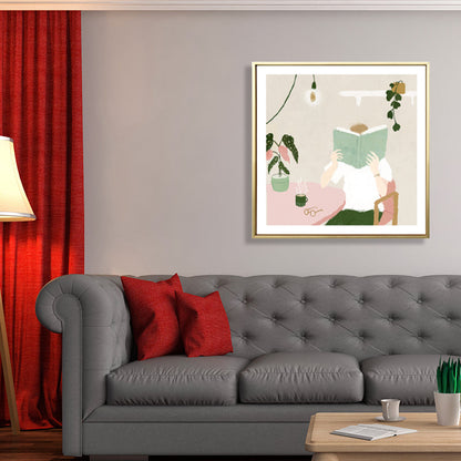 Vivolux | Illustration Junge liest Buch Kunstdruck Grüner nordischer Stil Wanddeko fürs Schlafzimmer