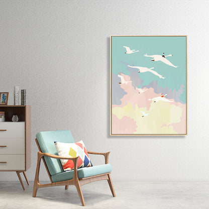 Vivolux | Illustration Vogel Schwarm Wandkunst Strukturierter Asiatischer Stil Kinderzimmer Leinwand in Pink