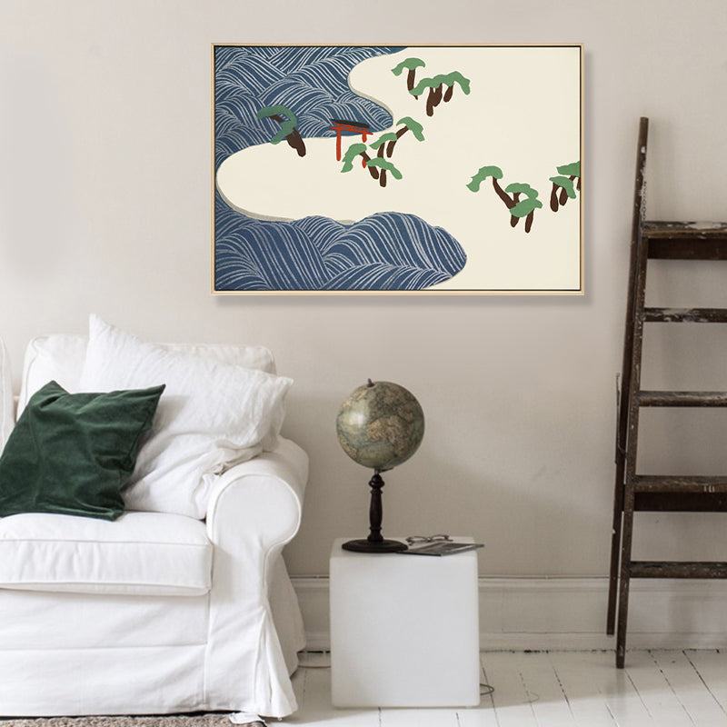 Vivolux | Asiatischer Stil Strandlandschaft Leinwand Blau und Beige Texturierte Kunstdruck für das Wohnzimmer