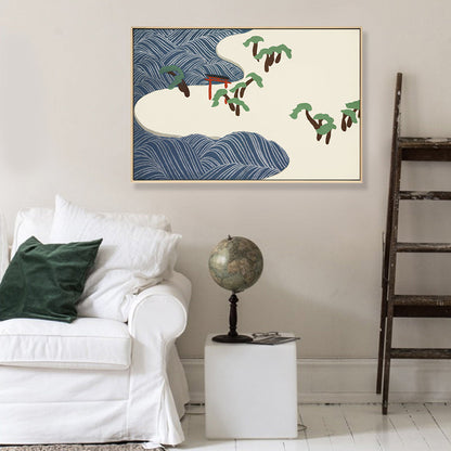 Vivolux | Asiatischer Stil Strandlandschaft Leinwand Blau und Beige Texturierte Kunstdruck für das Wohnzimmer