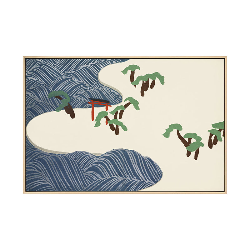 Vivolux | Asiatischer Stil Strandlandschaft Leinwand Blau und Beige Texturierte Kunstdruck für das Wohnzimmer