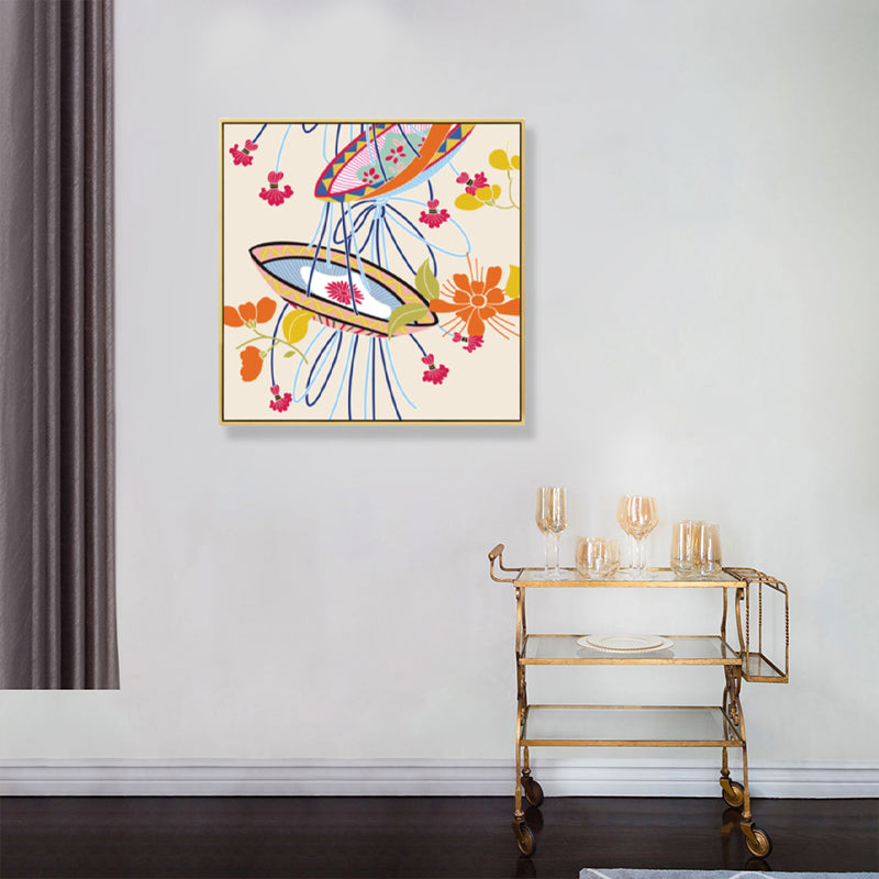 Vivolux | Japanischer Stil Blumenkorb Leinwand Orange Stillleben Zeichnung Wandkunst für Schlafzimmer