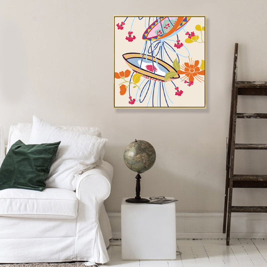 Vivolux | Japanischer Stil Blumenkorb Leinwand Orange Stillleben Zeichnung Wandkunst für Schlafzimmer