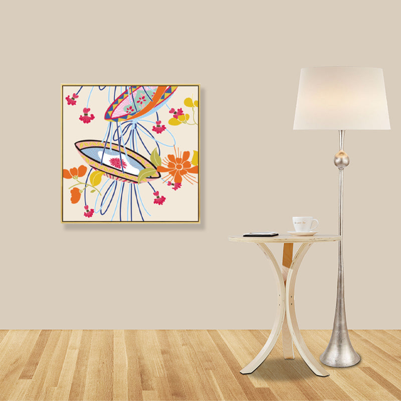 Vivolux | Japanischer Stil Blumenkorb Leinwand Orange Stillleben Zeichnung Wandkunst für Schlafzimmer