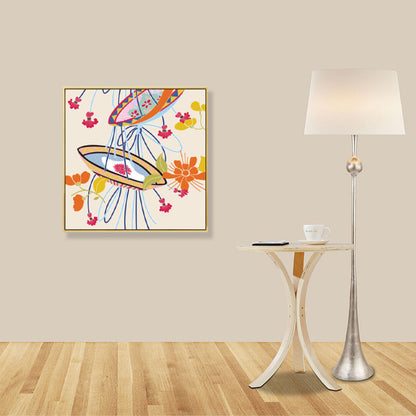 Vivolux | Japanischer Stil Blumenkorb Leinwand Orange Stillleben Zeichnung Wandkunst für Schlafzimmer