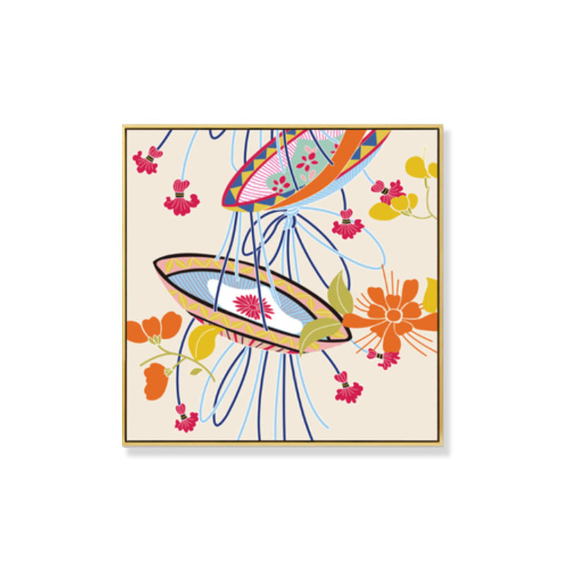 Vivolux | Japanischer Stil Blumenkorb Leinwand Orange Stillleben Zeichnung Wandkunst für Schlafzimmer