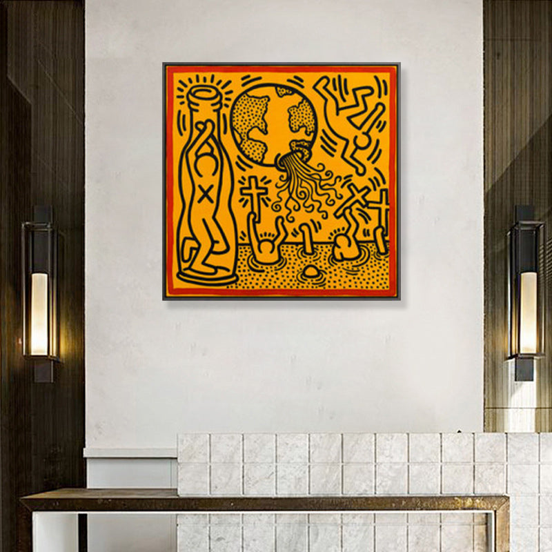 Vivolux | Gelbes Pop-Art-Leinwanddruck-Illustration Keith Haring Figurenzeichnung Wanddekoration für Raum
