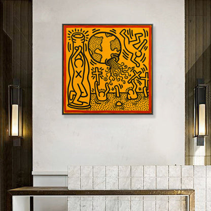Vivolux | Gelbes Pop-Art-Leinwanddruck-Illustration Keith Haring Figurenzeichnung Wanddekoration für Raum