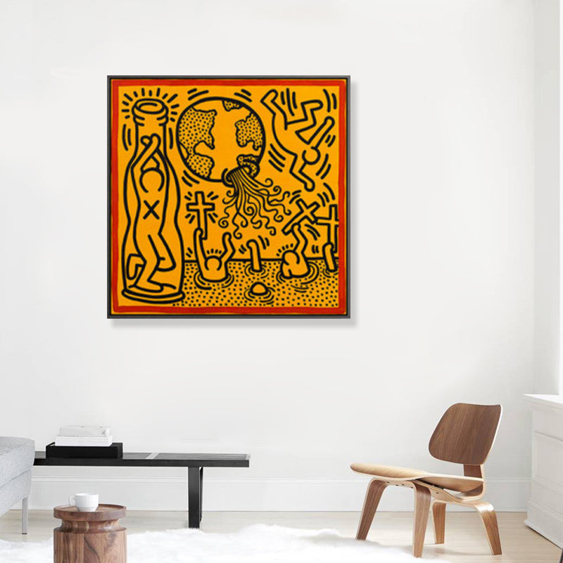 Vivolux | Gelbes Pop-Art-Leinwanddruck-Illustration Keith Haring Figurenzeichnung Wanddekoration für Raum