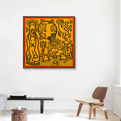 Vivolux | Gelbes Pop-Art-Leinwanddruck-Illustration Keith Haring Figurenzeichnung Wanddekoration für Raum