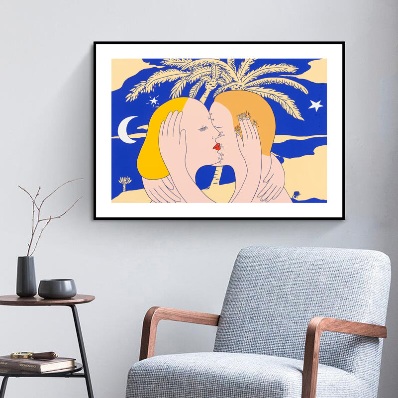 Vivolux | Illustration Kiss Leinwand Wandkunst Moderne Texturierte Haus Innen Wanddekoration in Dunkler Farbe