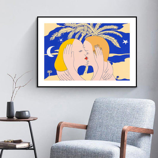 Vivolux | Illustration Kiss Leinwand Wandkunst Moderne Texturierte Haus Innen Wanddekoration in Dunkler Farbe