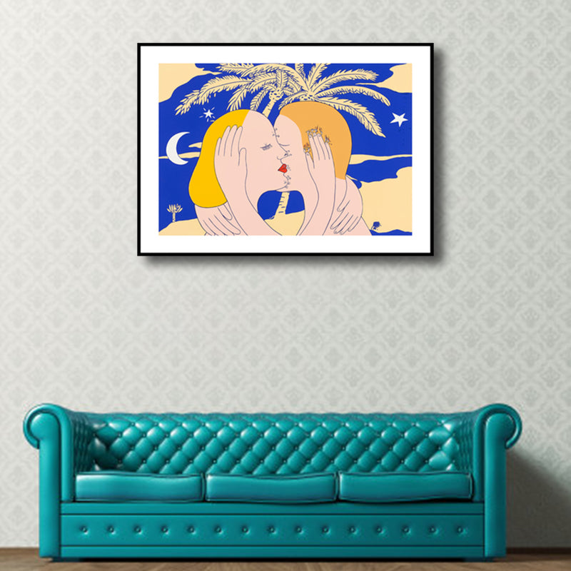 Vivolux | Illustration Kiss Leinwand Wandkunst Moderne Texturierte Haus Innen Wanddekoration in Dunkler Farbe