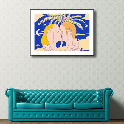 Vivolux | Illustration Kiss Leinwand Wandkunst Moderne Texturierte Haus Innen Wanddekoration in Dunkler Farbe