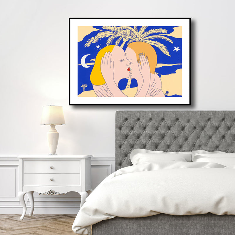 Vivolux | Illustration Kiss Leinwand Wandkunst Moderne Texturierte Haus Innen Wanddekoration in Dunkler Farbe