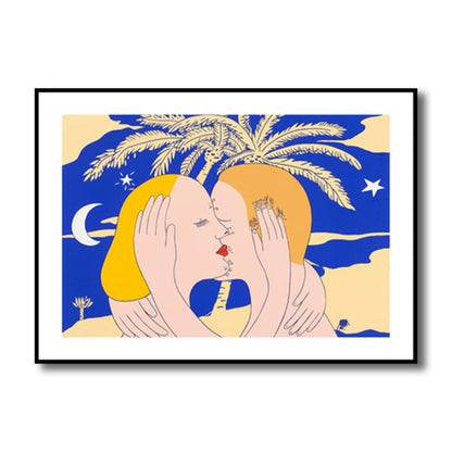 Vivolux | Illustration Kiss Leinwand Wandkunst Moderne Texturierte Haus Innen Wanddekoration in Dunkler Farbe