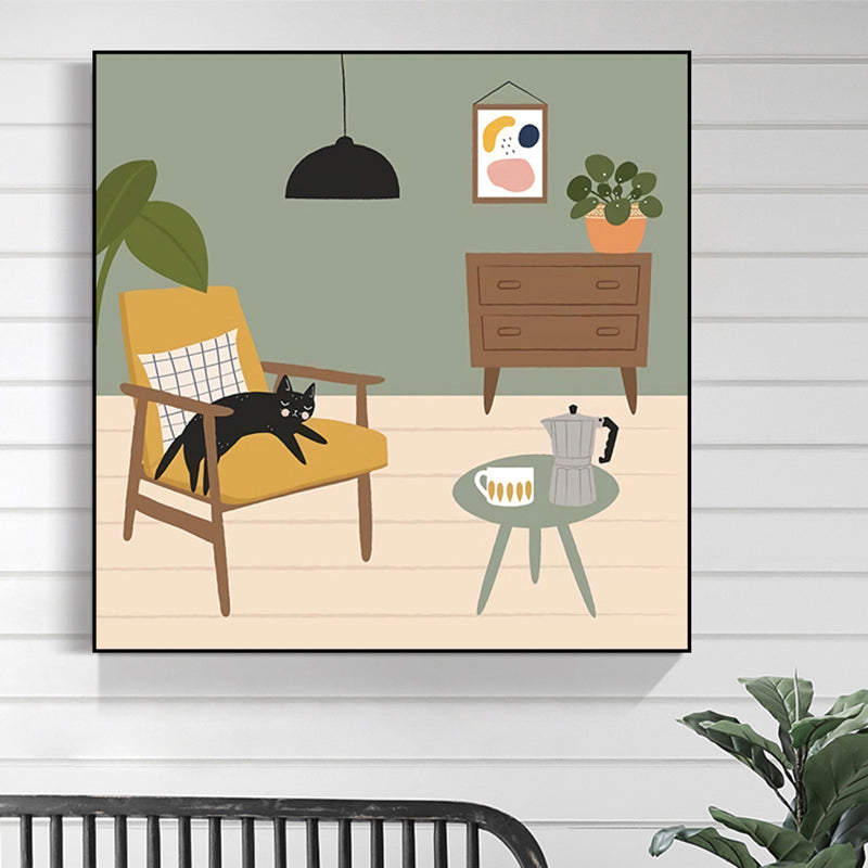 Vivolux | Grüne nordische Leinwandillustration Katze liegt auf Stuhl Wandkunstdruck für Wohnzimmer