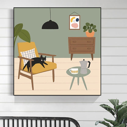 Vivolux | Grüne nordische Leinwandillustration Katze liegt auf Stuhl Wandkunstdruck für Wohnzimmer
