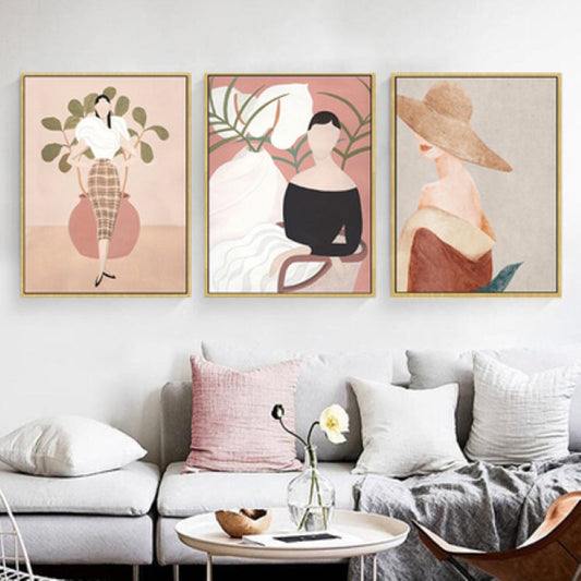 Vivolux | Pink Woman Drawing Wandkunst Mode Nordic Stil Texturiertes Leinwanddruck für Mädchenzimmer