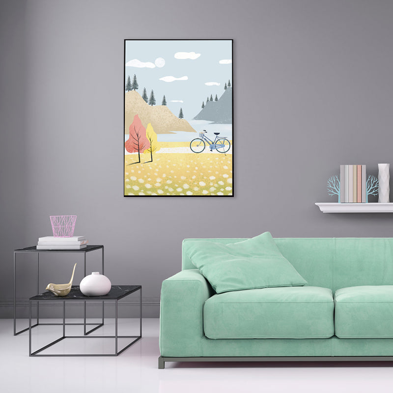 Vivolux | Zeichnung Druck Sightseeing Leinwand Kunst Texturiert Nordisch Mädchenzimmer Wanddekoration in Blau-Gelb