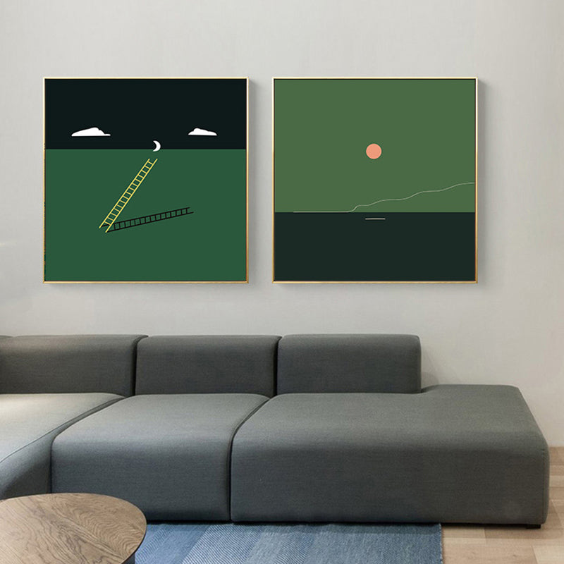 Vivolux | Grüne Minimalismus Wandkunst Illustration Landschaft Leinwanddruck für die Wohnungseinrichtung, mehrere Größen