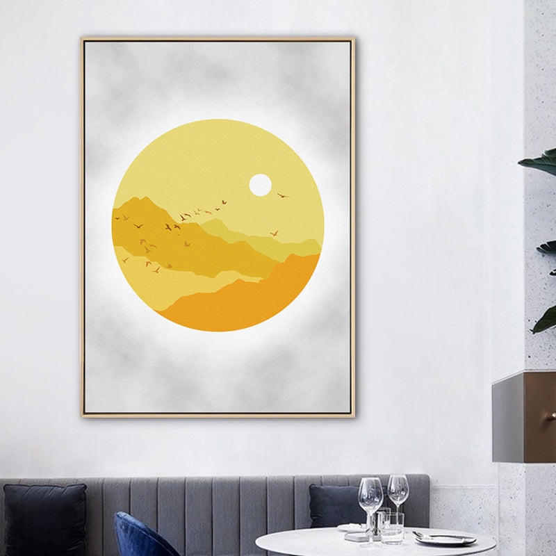 Vivolux | Sunset Mountain Canvas Haus Innenansicht Zeichnung Kunstdruck in Gelb für Dekor