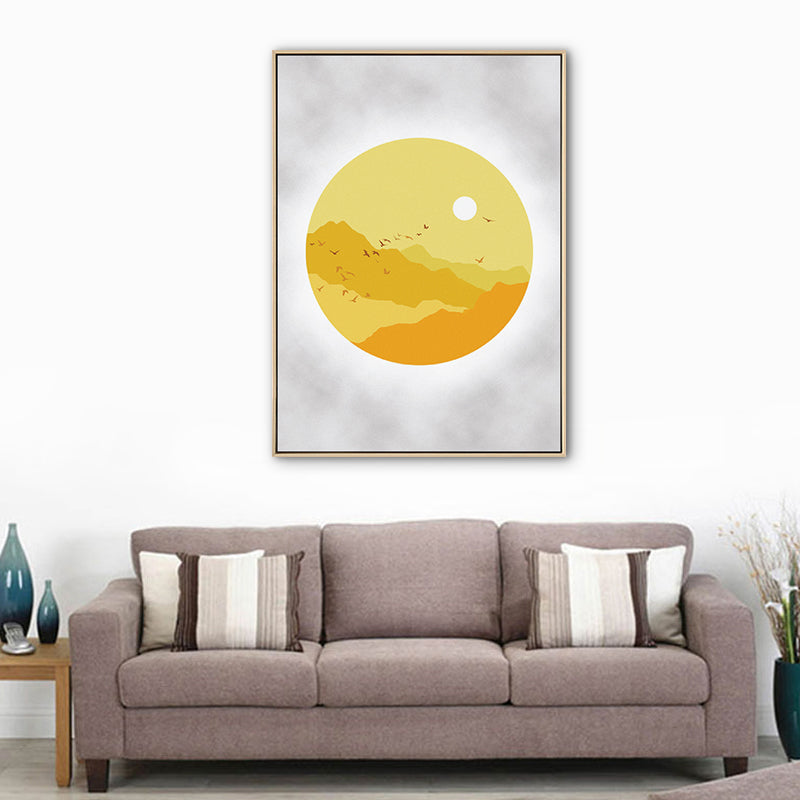 Vivolux | Sunset Mountain Canvas Haus Innenansicht Zeichnung Kunstdruck in Gelb für Dekor