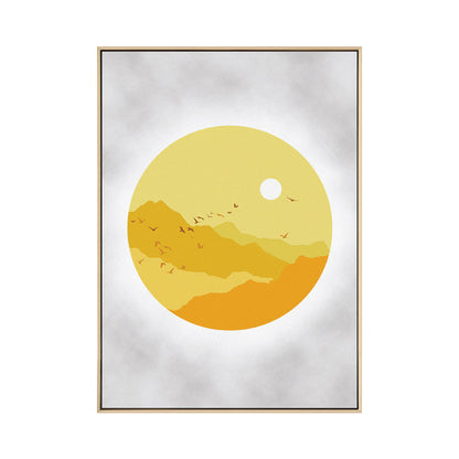 Vivolux | Sunset Mountain Canvas Haus Innenansicht Zeichnung Kunstdruck in Gelb für Dekor