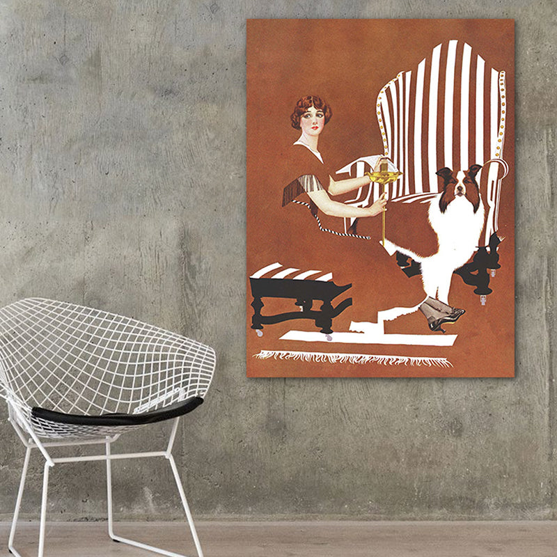 Vivolux | Braune traditionelle Kunstdruckillustration Hausfrau und ihr Hund Zeichnung Leinwand für Zuhause
