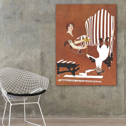 Vivolux | Braune traditionelle Kunstdruckillustration Hausfrau und ihr Hund Zeichnung Leinwand für Zuhause