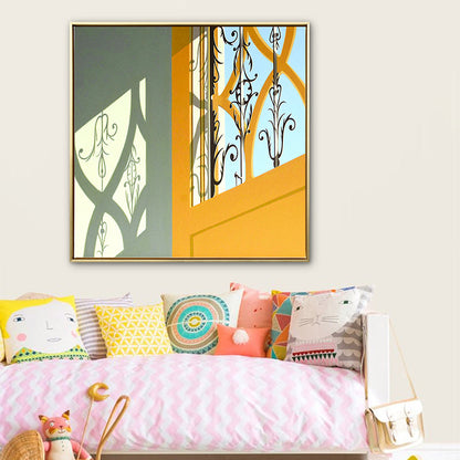 Vivolux | Gelbe Tür und Schattenleinwand Architektur Nordic Strukturierte Wandkunst Druck für Zuhause