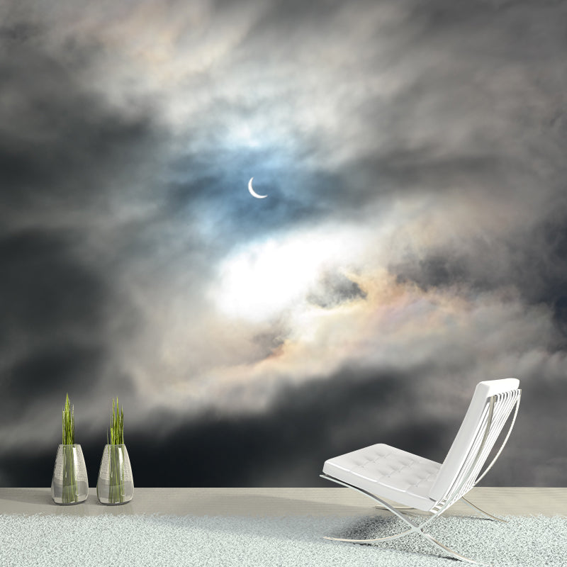 Vivolux | Modernistische Halve Maan Muur Grauw und Weiße Bewölkte Himmel Wanddekoration für Wohnzimmer