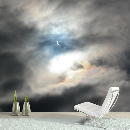 Vivolux | Modernistische Halve Maan Muur Grauw und Weiße Bewölkte Himmel Wanddekoration für Wohnzimmer