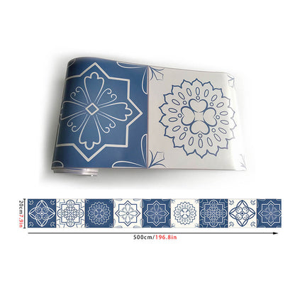 Vivolux | Blumen Mandala Fliesen Tapetenbordüre Bohemian PVC Wandkunst in Blau und Weiß, Abziehbar